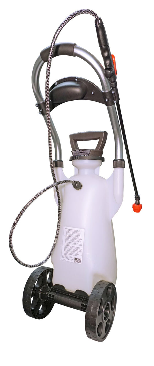 Roundup Pump Zero 3 gallon wheeled cart sprayer, rear view, 190619