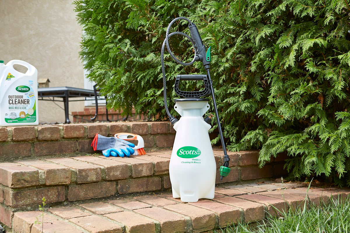 Scotts Outdoor Cleaning sprayer on patio steps